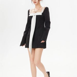 Y2K Striped Lace Bow Mini Dress - Coquette & Acubi Aesthetic Fashion