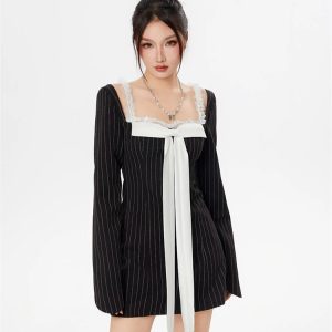 Y2K Striped Lace Bow Mini Dress - Coquette & Acubi Aesthetic Fashion