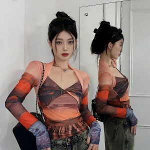 Y2K Sunset Mesh Top - Dark Coquette Aesthetic with Soft Girl Vibes