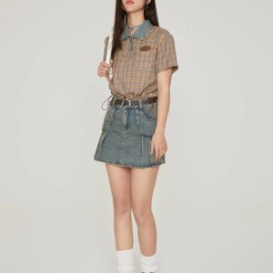 Y2K Vintage Plaid Crop Shirt - Acubi Coquette Aesthetic Fashion Top