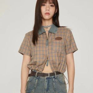 Y2K Vintage Plaid Crop Shirt - Acubi Coquette Aesthetic Fashion Top